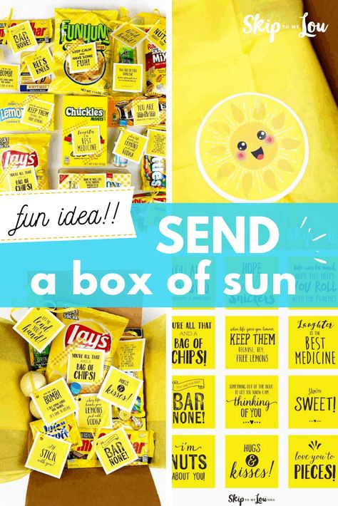 Send a box of sunshine to a friend that needs a boost. Here are all the printables you need! #printables #boxofsunshine #giftideas Bag Of Sunshine, A Box Of Sunshine, Sunshine Care Package, Rustic Crochet, Sunshine Printable, Missionary Care Packages, Country Vibe, Crochet Outfits, Skip To My Lou