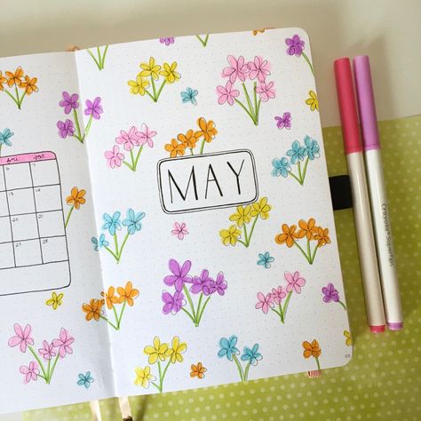 may spring floral bullet journal theme #bujo #bujoideas #bulletjournal #bulletjournaling #bulletjournalideas May 2024 Bullet Journal, May Planner Theme, May Scrapbook Page, Simple Monthly Bullet Journal Layout, May Doodles Bullet Journal, Journal Month Page May, Bulletin Journal Page Ideas, Fun Bujo Pages, May Journal Spread