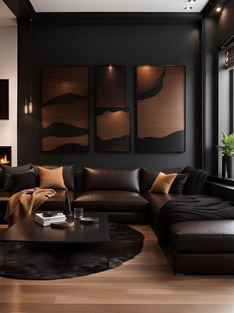 Cozy Modern Industrial Living Room, Chocolate Sofa Living Room Ideas Decor, Brown Living Room Inspiration, Black Art Living Room Ideas, Black And Brown Walls, Brown Contemporary Living Room, Dark Moody Lounge Room, Bachelor Pad Decor Living Room Apartment, Black Brown Home Decor