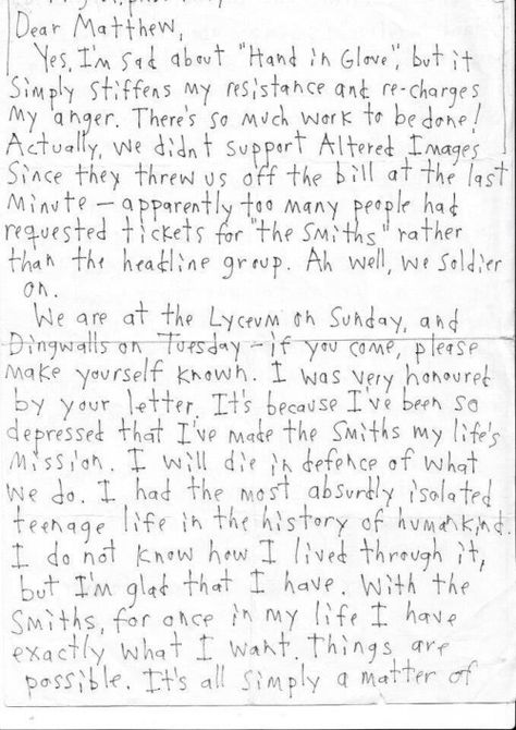 Morrissey letter to a fan (from the 80s) Reel Around The Fountain The Smiths, Morrissey Letters, Vegemite Sandwich, The Smiths Morrissey, Handsome Devil, Love Lyrics, Johnny Marr, Music Inspiration, Identity Crisis