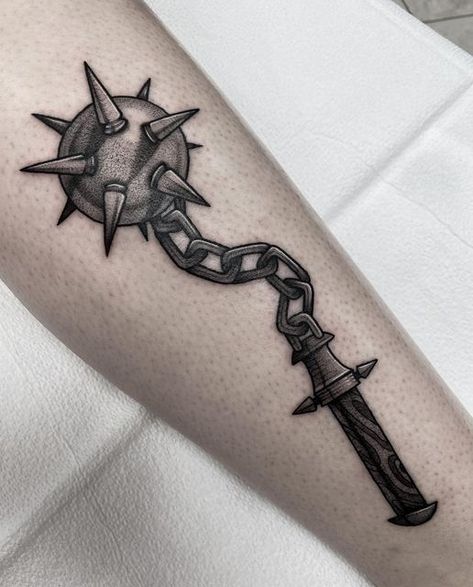 Mace Chain Tattoo, Mace Tattoo Blackwork, Mace And Chain Tattoo Design, Heart Mace Tattoo, Traditional Mace Tattoo Design, Chain Mace Tattoo, Traditional Flail Tattoo, Flail Tattoo Blackwork, Mace Drawings