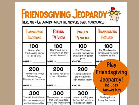 "Play Friendsgiving Jeopardy! Fun activity for your Friendsgiving gathering. Friendsgiving Trivia Game, Friendsgiving Jeopardy Game, Friendsgiving Activities for Adults & Teens, Thanksgiving Work Party Game  Instant Download Includes Answer Key!  No Physical Product is Shipped  Please feel free to contact me if you have any questions or concerns. NOTE: All games, invitations and prints are copyrighted \"Plan Print and Party\"." Jeapordy Game Questions For Adults, Friendsgiving Jeopardy, Thanksgiving Jeopardy Free, Jepordy Game Questions, Thanksgiving Jeopardy Questions, Friendsgiving Games For Teens, Thanksgiving Work Party, Jeopardy Game Questions And Answers, Friendsgiving Activities For Adults