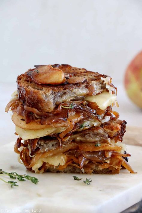 Apple and French Onion Grilled Cheese is a gourmet grilled cheese sandwich prepared with cheddar, caramelized onions and some cooked apples. Apple Cheddar Grilled Cheese, French Onion Grilled Cheese, Cheddar Cheese Sandwich, Healthyish Recipes, Gourmet Grilled Cheese Sandwich, Onion Grilled Cheese, Apple Sandwich, Perfect Grilled Cheese, Gourmet Grilled Cheese