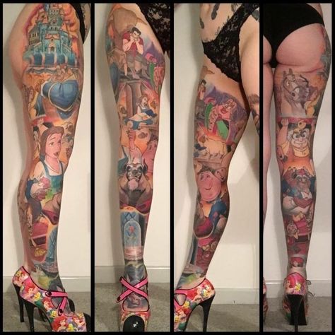 Disney Tattoos Sleeve Leg, Disney Princess Sleeve Tattoo, Disney Leg Sleeve Tattoo, Land Tattoos, Tattoos Cartoon, The Beast Tattoo, Disney Inspired Tattoos, Tattoo Canvas, Beast Tattoo