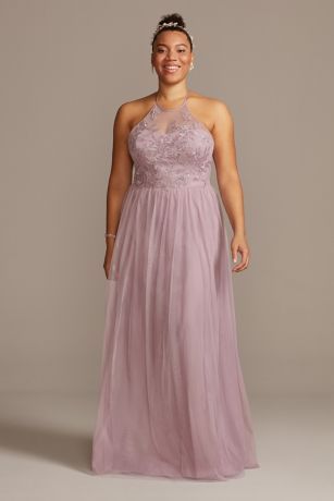 High-Neck Embroidered Net Tall Bridesmaid Dress | David's Bridal Davids Bridal Bridesmaid, Plum Bridesmaid Dresses, Gown Drawing, Starry Night Wedding, Cake Holder, High Neck Wedding Dress, 27 Dresses, Dress Idea, Gala Dresses