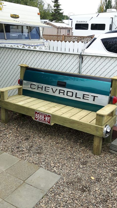 House Updates On A Budget, Tailgate Benches, Truck Tailgate Bench, Vintage Woodworking Plans, Porch Pillows, License Plate Ideas, Whiskey Dispenser, Tailgate Bench, Tailgate Ideas