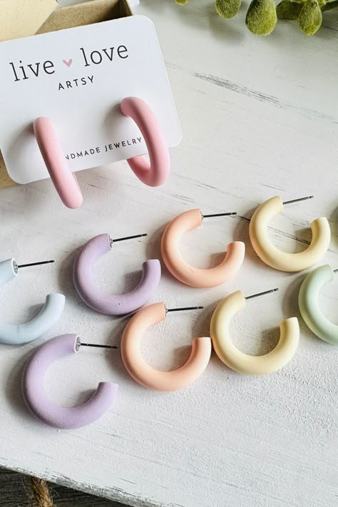 Spring Polymer Clay Hoop Earrings | Easter Colors | Titanium, 18k Gold Plated, Stainless Steel Posts Easter Clay Earrings, Summer Clay Earrings, Spring Polymer Clay, Polymer Clay Hoop Earrings, Clay Hoop Earrings, Diy Wire Earrings, Diy Earrings Polymer Clay, Easter Jewelry, Easter Earrings