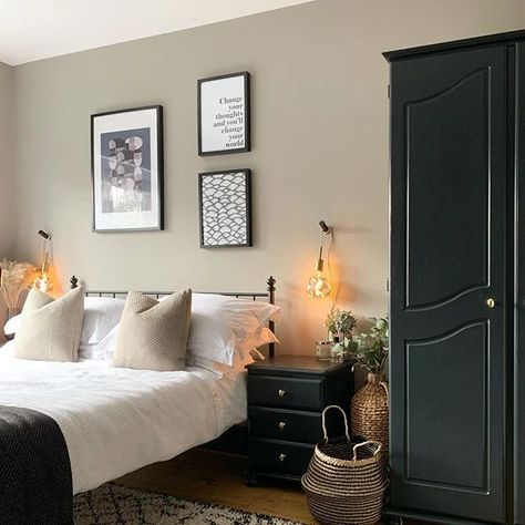 15 Bedroom Colour Schemes — Love Renovate Black Furniture Bedroom Wall Color, Black Spare Bedroom, Guest Bedroom Ideas Black Furniture, Small Bedroom Black Furniture, Spare Bedroom Colour Schemes, Bedroom Colours For Small Rooms, Bedroom Design With Black Furniture, Greige And Black Bedroom, Black Furniture In Bedroom