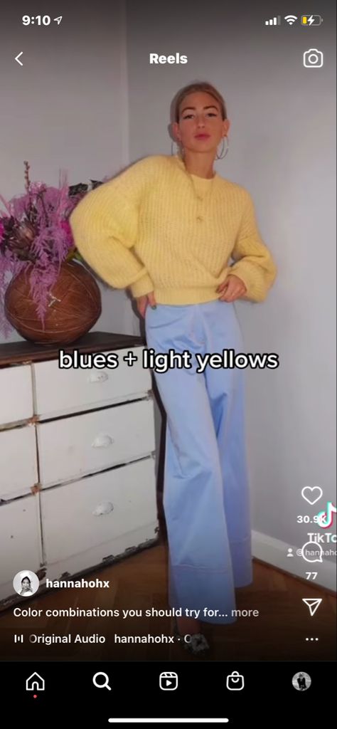 From hannahohx on insta Pastel Blue And Yellow Outfit, Pale Yellow Outfit Color Combos, Light Blue And Yellow Outfit, Light Blue Colour Combination Outfit, Light Blue Color Combinations Outfit, Yellow And Sky Blue Combination Dress, Spring Color Combos, Blue Dress Accessories, Blue Color Combinations