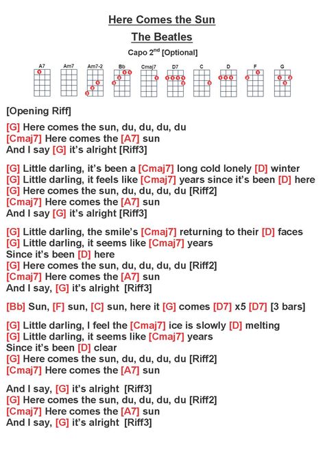 Over The Rainbow Ukulele Chords, Let Her Go Ukulele Chords, Abba Ukulele Chords, Beatles Guitar Chords, Here Comes The Sun Ukulele Chords, Beatles Ukulele, Easy Ukulele Songs, Beatles Guitar, Uke Songs