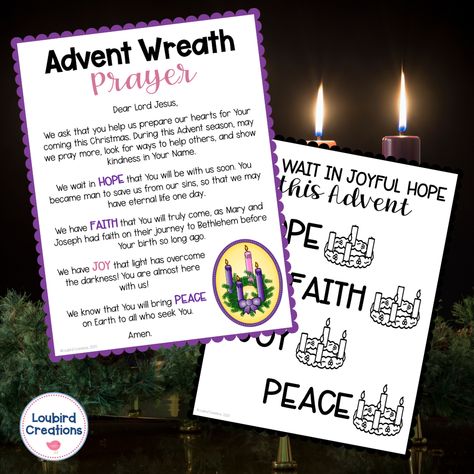 Free Advent Prayer for Catholic Kids - Loubird Creations Prayers For Advent Wreath, Advent Prayers Catholic, Catholic Advent Wreath, Advent Wreath Prayers, Advent Prayers, Journey To Bethlehem, School Display, Prayers For Hope, Candle Reading