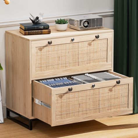 VINGLI Wood Rattan 2-Drawer Lateral File Cabinet with Lock Office File Cabinet, Coastal Office, Rolling File Cabinet, 2 Drawer File Cabinet, Office File Cabinets, Hanging Letters, Printer Stand, Lateral File Cabinet, Lateral File