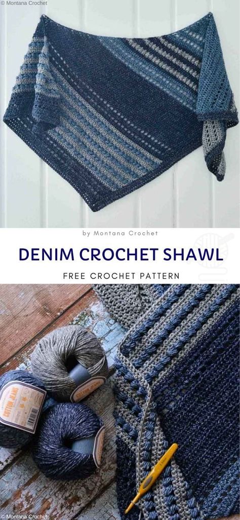 Crochet Shawl Worsted Weight Yarn, Rectangle Shawl Pattern, Denim Shawl, Denim Crochet, Crochet Wraps, Crochet Shawl Free, Yarn Creations, Yarn Ideas, Poncho Crochet