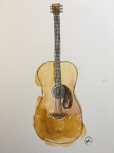 Guitar in watercolor. Painted Guitars Ideas Easy, Ukulele Watercolor, Watercolour Guitar, Watercolor Instruments, Guitar Watercolor Painting, Music Watercolor Painting, Watercolor Guitar, Guitar Watercolor, Watercolor Board