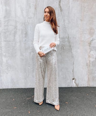 How To Style Silver Sequin Pants, Sequence Pants Silver, Silver Sequin Pants Outfits, Sequin Pants Outfit Holiday, Elegant Silver Sequined Pants, Holiday Chic Sequined Pants, Chic High-waisted Sequin Pants, Sequins Pants Outfit, Glitter Pants