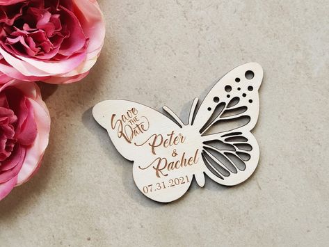 "* Use these unique butterfly wedding save the date magnet invitations as your wedding or other event announcement. * Size Height 6,4 cm ( 2,5\" ) Length 9,7 cm ( 3,8\" ) Made of 3mm birch plywood Tape magnet on back * Please write bride and groom names and date in personalization section. Write date exactly as you need. * Visit my shop for more butterfly items! * Feel free to contact me for other questions or suggestions." Magnet Invitations, Magnet Wedding Invitations, Lézervágott Fa, Butterfly Wedding Invitations, Butterfly Invitations, Wood Invitation, Wood Butterfly, Idee Cricut, Bff Gifts Diy