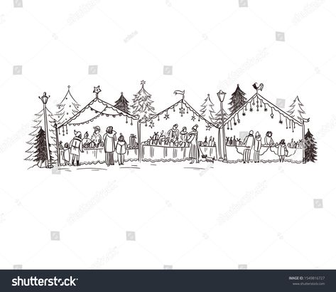 Christmas Town Drawing, Shopping Sketch, Town Drawing, Christmas Booth, Christmas Parade, Christmas Town, Holiday Market, Simple Cartoon, Craft Show Ideas