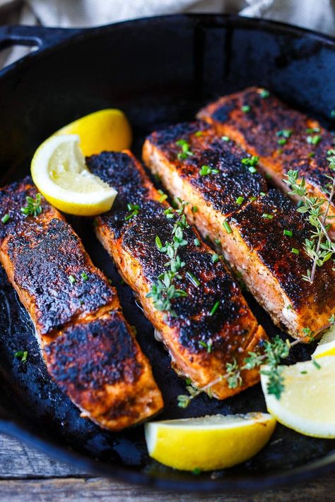 Blackened Salmon | Feasting At Home Salmon Cast Iron Skillet, Cedar Plank Salmon Oven, Plank Salmon Oven, Blackened Salmon Recipes, Grilled Broccolini, Oven Salmon, Feasting At Home, Salmon Filets, Homemade Cajun Seasoning