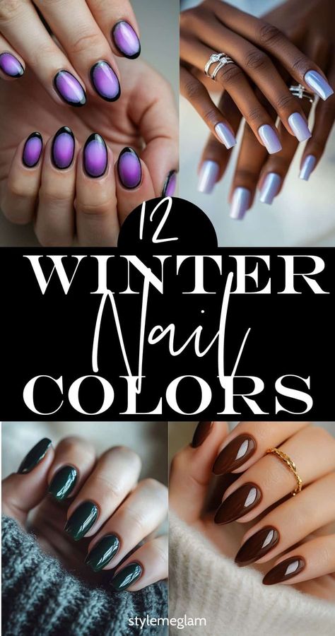 Check out these popular and trendy winter nails for December and the holidays. These winter nails are perfect for the cold weather and your winter outfits too! Save this pin! Bio Gel Nails Winter, Charcoal Acrylic Nails, Nails For Plum Dress, Winter Color Nail Polish, December Color Nails, Dark Purple Winter Nails, January Gel Nails Ideas Short, Dark Plum Nails Designs, Deep Purple Nail Ideas