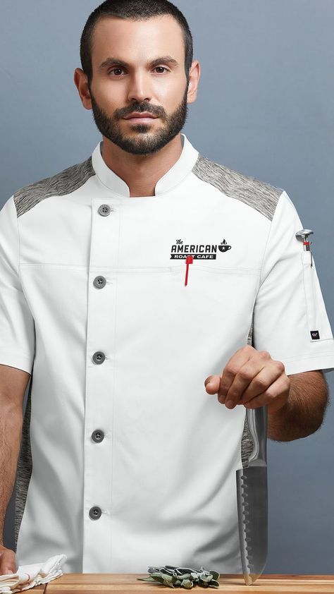 Our soft, lightweight, stretch fabric allows the most active of professional Chefs a full range of motion Chef Coat Design, Chefs Uniform, Chef Fashion, Ideas Para Bar, Chef Photoshoot, Chef Jackets Design, Chef Dress, Chef Clothing, Chef Pictures