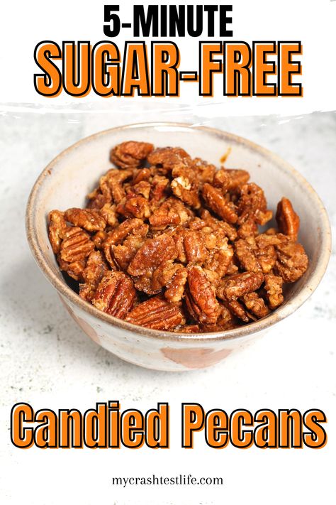 These sugar-free Caramelized Candied Pecans are a cinch to make on the stove, and you can customize them to be spicy, or salty, too! Great for salads, desserts, and cheese boards. Only about 5 minutes of time, these are the perfect grab and go snack for adults as well as kids! Keto Candied Pecans, Cinnamon Sugar Pecans, Candied Pecans For Salad, Candied Cranberries, Sugar Free Snacks, Sugared Pecans, Cinnamon Pecans, Sugar Free Candy, Keto Candy