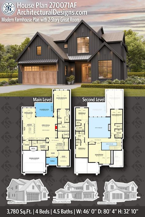 House Plan 270071AF gives you 3700 square feet of living space with 4 bedrooms and 4.5 baths Story And Half House Plans Open Floor, Two Story Farmhouse Plans Open Floor, 2100 Sq Ft House Plans 2 Story, House Build Layout, Vaulted Ceiling Living Room House Plans, Pier And Beam House Plans, 3600 Sq Ft House Plans 2 Story, 2500 Sq Ft House Plans 4 Bedroom 2 Story, 4 Bed 3 Bath House Plans 2 Story