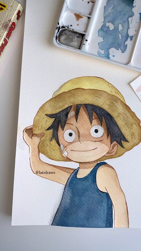 One Piece Watercolor Art, Watercolor Cartoon Characters, Fictional Drawing, Manga Watercolor Anime Art, Luffy Watercolor, Anime Drawing Watercolor, One Piece Watercolor, Anime Watercolor Art, Watercolor Anime Art