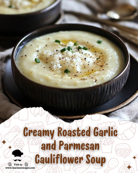 Warm up with the perfect blend of roasted garlic, Parmesan, and creamy cauliflower. This comforting soup recipe will tantalize your taste buds and nourish your body. Cauliflower Parmesan Soup Recipes, Cauliflower Parmesan, Cauliflower Soup Recipe, Parmesan Cauliflower, Parmesan Soup, Cauliflower Soup Recipes, Comforting Soup, Creamy Cauliflower, Nourish Your Body