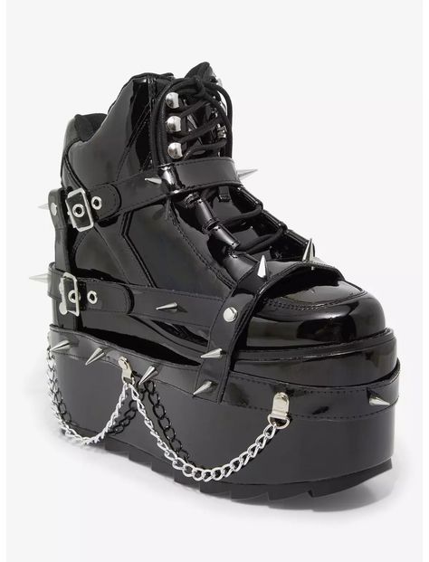 YRU Black Shiny Spike Qozmo Sneakers Punk Platform Shoes, Goth Tennis Shoes, Shoes Baddie, Metal Outfits, Emo Shoes, Rocker Boots, Metal Outfit, Black Platform Sneakers, Goth Fits