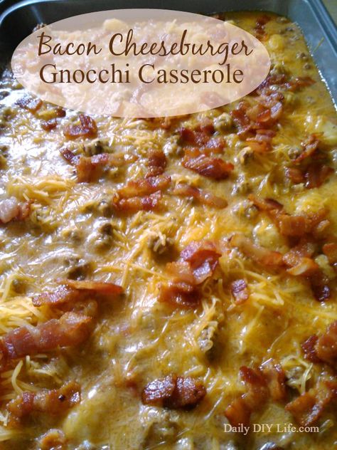 Bacon Cheeseburger Gnocchi Casserole - A hearty inexpensive meal with tons of flavor! | DailyDIYLife.com Cheeseburger Lettuce Wraps, Cheeseburger Gnocchi, Gnocchi Casserole, One Dish Meals, Inexpensive Meals, Grocery Budget, Gnocchi Recipes, Bacon Cheeseburger, Game Food