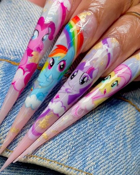 ✨Jade | 💅🏽Nail Artist |📍Wolverhampton✨ on Instagram: "☁️ These extreme length My little pony nails just scream good vibes! 🌈⁣ ⁣ ⁣ 💕My March calendar is now open. To book, click the 𝗕𝗢𝗢𝗞 𝗡𝗢𝗪 button💕⁣ ⁣ ⁣ ✨𝗣𝗿𝗼𝗱𝘂𝗰𝘁𝘀 & 𝗗𝗶𝘀𝗰𝗼𝘂𝗻𝘁 𝗰𝗼𝗱𝗲𝘀✨⁣ ⁣ @nailzbydevshop (Use code 𝗕𝗘𝗔𝗨𝗧𝗬𝗕𝗬𝗝)⁣ hella cute liner⁣ 9mm brush ⁣ Baddest black, white, genie in a bottle, limewire, oops I did it again, nick splat, all that liner gels⁣ ⁣ @canni_official ⁣ mirror gel ⁣ CH26 mud gel ⁣ ⁣ My Little Pony Theme Nails, Lisa Frank Nails, Cartoon Nail Designs, March Calendar, Jade Nails, Oops I Did It Again, Genie In A Bottle, I Did It Again, Wolverhampton