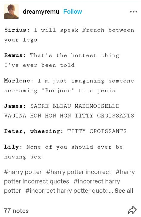 Marauders Headcanons Hilarious, Marauders Text Posts, The Marauders Fan Art, Mauraders Headcannons, Funny Marauders, Wolfstar Headcanons, Marauders Quotes, Harry Potter Texts, Marlene Mckinnon