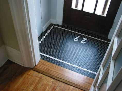 Penny Tile Floors, Entryway Tile, Entry Tile, Entryway Flooring, Penny Tile, Entrance Ways, Vintage Tile, Small Entryway, Hexagon Tiles