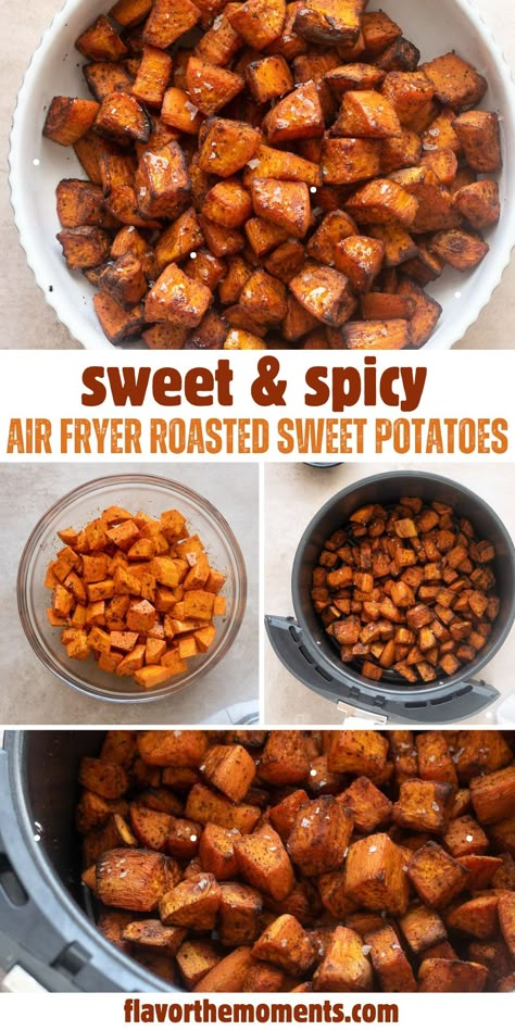 These Air Fryer Roasted Sweet Potatoes are sweet, spicy and so easy to make! They cook up in about 20 minutes for an easy side dish the entire family will love! #sweetpotatoes #airfryer #airfryerrecipes Sweet Potatoes Recipes Air Fryer, Roasting Sweet Potatoes In Air Fryer, Sweet Potato Recipes Airfryer, Air Fried Yams, Bake Sweet Potato In Air Fryer, Thanksgiving Side Dishes Air Fryer, Air Fryer Baked Sweet Potato Recipes, Air Fryer Recipes Sweet Potatoes, Roasting Sweet Potatoes In Oven