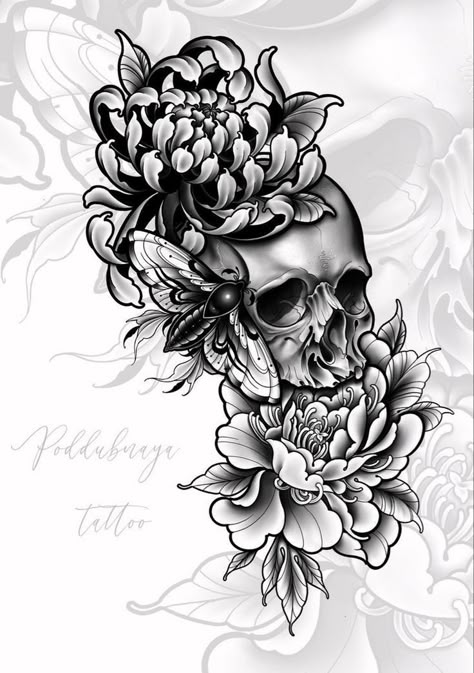 Skull And Chrysanthemum Tattoo, Black Chrysanthemum Tattoo Design, Skull Tattoo Flowers, Skull Art Tattoo, Geometric Sleeve Tattoo, Chrysanthemum Tattoo, Forarm Tattoos, Clever Tattoos, Hip Tattoos Women