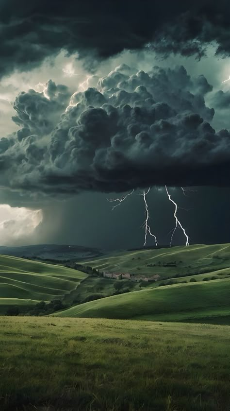 Dark, massive storm clouds loom over a vast landscape, swirling ominously, creating a dramatic contrast between the turbulent sky and earth. Kai Powerless, Elf Barbarian, Thunder Clouds, Cloud Kingdom, Thunder Photography, Storm Wallpaper, Thunder Storm, Dark & Stormy, Vast Landscape