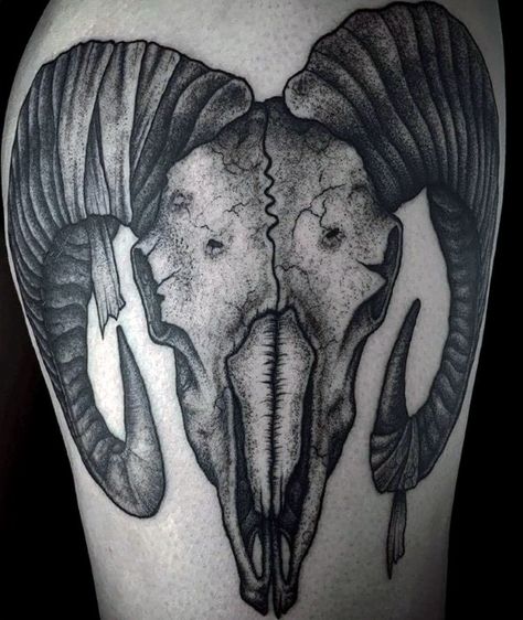 Detailed Ram Skull Male Aries Tattoo On Leg Aries Skull, Ram Skull Tattoo, Aries Zodiac Tattoos, Herren Hand Tattoos, Ram Tattoo, Unusual Tattoo, Irish Tattoos, Aries Tattoo, Ram Skull