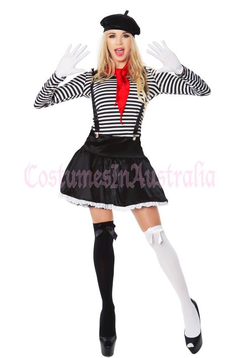 Ladies Mesmerizing Mime Costume French Artist Clown Circus Fancy Dress Outfits Cute Circus Outfits, Circus Costumes Women, Circus Fancy Dress, Mime Costume, Mime Makeup, Beer Girl Costume, French Costume, Circus Outfits, Fancy Dress Ball