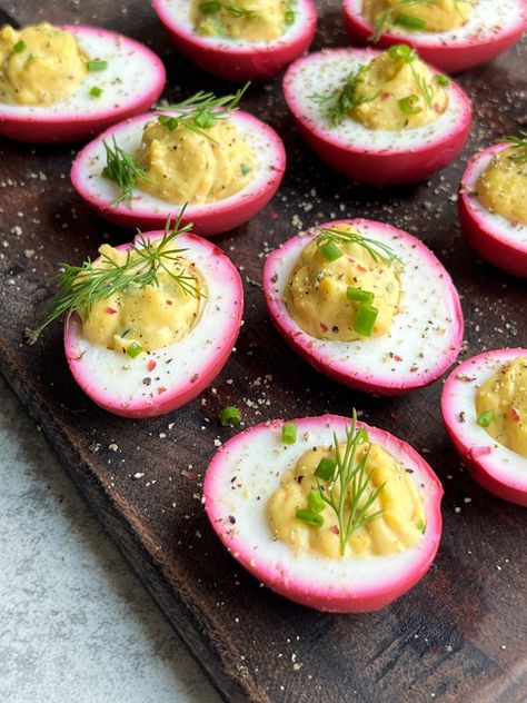 Beet Pickled Deviled Eggs - Something Nutritious Beet Deviled Eggs, Pickled Deviled Eggs, Vegetable Pot Pie, Snack To Make, Vegetable Pot Pies, Lemon Orzo, Salmon Seasoning, Pickled Beets, Diced Carrots