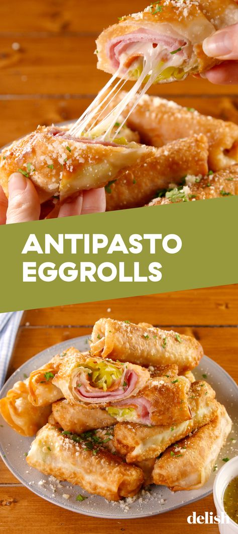 If you loved our Antipasto Squares, just WAIT 'til you try these Antipasto Egg Rolls. Get the recipe at Delish.com. #recipe #easy #easyrecipes #delish #antipasto #eggrolls #cheese #mozzarella #ham #pepperoni #app #appetizer #party #partyfood #italian #pepperoncini #partyideas Antipasto Squares, Antipasto Tray, Antipasto Appetizer, Appetizer Party, Cheese Mozzarella, Italian Meats, Square Recipes, Egg Roll Recipes, Italian Appetizers