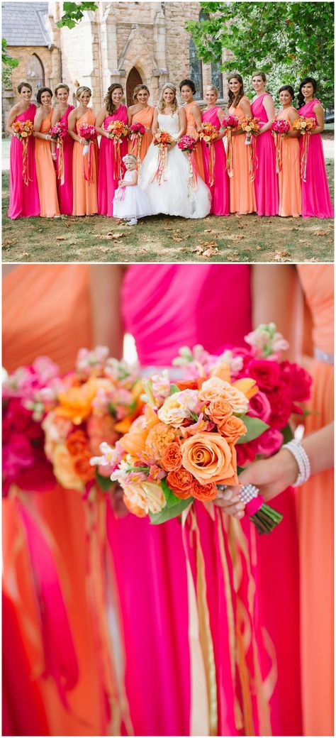 Colorful bridal party, vibrant bright pink and orange bridesmaid dresses, orange roses, one-shoulder gowns // Jen Fariello Photography Blue And Pink Bridesmaid Dress, Tropical Wedding Dress Bridesmaid, Hot Pink And Orange Wedding Theme, Vibrant Summer Wedding Colors, Neon Bridesmaids Dresses, Bridesmaid Dresses Bright Colors, Orange And Pink Bridesmaid Dresses, Pink Dress For Wedding Guest, Texmex Wedding