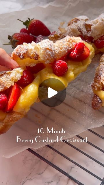 Ayya Elneil | Recipe Developer on Instagram: "These Ten Minute Berry Custard Croissants are so good 🤤🤤Detailed recipe ⬇️
Follow @eat.haga for more easy and tasty recipes!

Ingredients:
4 large croissants or 8 small ones
1 cup heavy cream
2 tbsp. all purpose flour
4 tbsp. powdered sugar (plus more to soft on top of the croissants)
1 egg
2 tsp. vanilla extract
3 large sliced strawberries

Directions:
1. Preheat oven to 400 degrees Fahrenheit. Cut the croissants in half and leave in the oven until soft and crispy (about 2-5 minutes depending on how stale your croissants are. Mine stayed in the oven for 5 minutes).
2. To make the custard whisk together the heavy cream, flour, powdered sugar, and egg. When it’s fully incorporated put it on the stove on medium high heat while constantly whiski Custard Croissant, Berry Custard, Cream Filling Recipe, Recipe Developer, Custard Sauce, Sliced Strawberries, Egg Custard, Custard Filling, All Purpose Flour