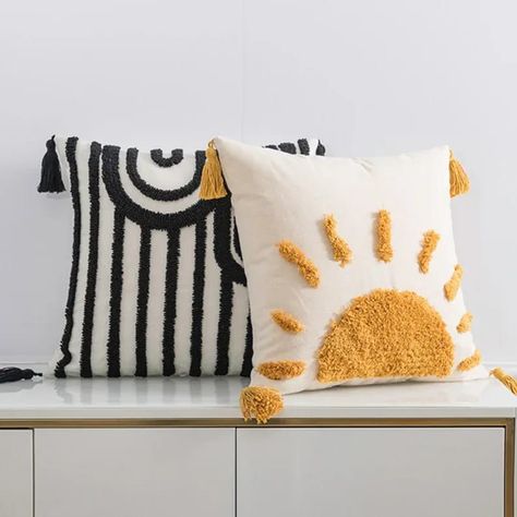 Two boho style cotton throw pillows, one is black and white, the other white with a yellow sun فن النسيج, Sun Circle, Needle Cushion, Cat Pillow Cover, White Cushion Covers, Textured Throw Pillows, Cushion Cover Designs, Punch Needle Patterns, Boho Throw Pillows