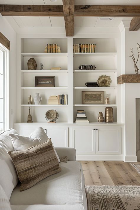 White Bookshelf Aesthetic, Bookshelf Styling Bedroom, New Traditional Living Room, Bookcase Decorating, Bookshelf Decor Ideas, Minimalist Bookshelf, Unique Bookshelf, Sustainable Living Room, Living Room Lighting Ideas