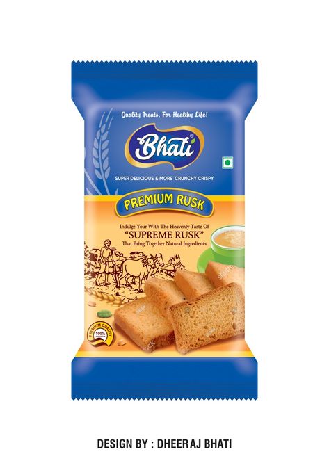 BHATI RUSK POUCH PACKAGING DESIGN Rusk Packaging Design, Rusk Packaging, Pouch Packaging Design, Packet Design, Packaging Concept, Free Business Card Design, Bread Packaging, Sage Plant, Bakery Packaging