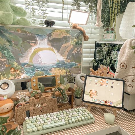 Cottagecore Pc Build, Kawaii Room Green, Cottage Core Gamer Setup, Fairy Core Gaming Setup, Switch Set Up Aesthetic, Aesthetic Desk Setup Boho, Fairycore Gaming Setup, Cottage Core Pc Set Up, Green Kawaii Room