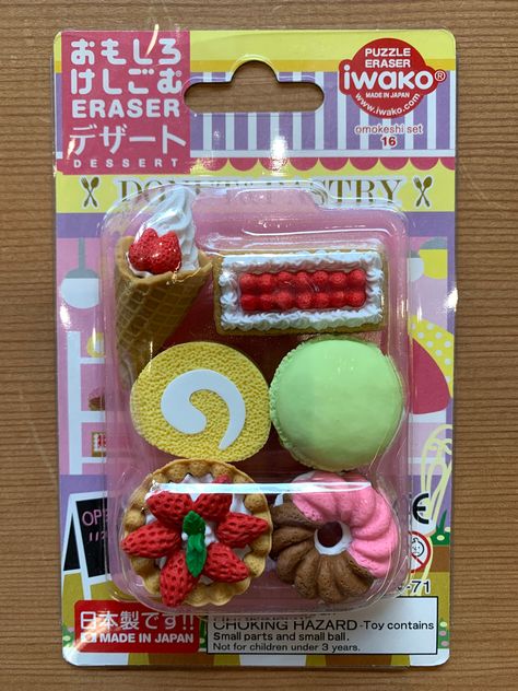 Six Japanese pastry erasers full of yumminess. But of course, they are not to eat. Card is 3.8" x 5.8". Ages 3 and up. Japanese Pastries, Choco Biscuit, Play Food Set, Cute Snacks, French Desserts, Toy Food, Japanese Toys, Cute School Supplies, An Ice Cream