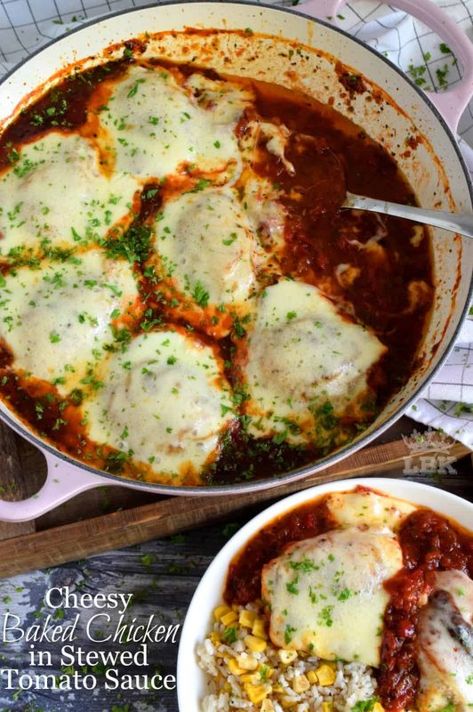 Stewed Tomato Recipes, Tomato Sauce Chicken, Cheesy Baked Chicken, Stewed Tomatoes, Chicken Main Dishes, Baked Chicken Thighs, Best Chicken Recipes, Chicken Recipes Casserole, Chicken Dishes Recipes