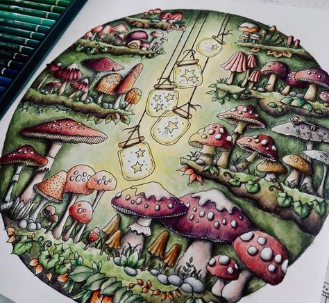 Marit’s Colourful Adventures on Instagram: "The Mushroom cave from Rooms of Wonder by @johannabasford of finished! I’ve used a mix of @fabercastellglobal Albrecht Dürer and Polychromos, with some @carandache Neocolor 2. I wanted to use lots of earthy tones for this page, and I’m really happy with the end result. Using water soluble medium for the base layers definitely saved some time. The full colour along is now up on my YouTube channel. The link can be found in my stories and bio. #roomso Mushroom Coloring Pages Finished, Johanna Basford Rooms Of Wonder Finished Pages, Rooms Of Wonder Johanna Basford Finished Pages, Rooms Of Wonder Coloring Book, Colouring Pages For Adults Finished, Rooms Of Wonder Finished Pages, Johanna Basford Rooms Of Wonder, Mushroom Cave, Rooms Of Wonder