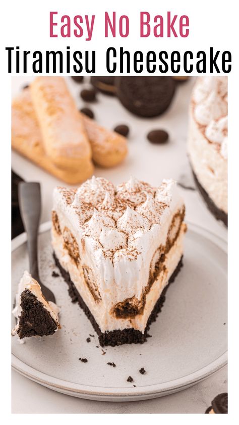 If you love classic Tiramisu, then you will love this twist on the classic Italian dessert - a Tiramisu cheesecake. This no bake cheesecake has an a Oreo cookie crust, mascarpone creamy cheesecake filling, and espresso soaked lady fingers. It's everything you love about Tiramisu but in a no bake cheesecake form. It's two desserts in one! Perfect make ahead dessert for the holidays! This Tiramisu cheesecake is an easy no bake cheesecake. No water bath required! Cheesecake No Water Bath, Overnight Monkey Bread, Easy Red Velvet Cupcakes, Italian Cheesecake, Classic Tiramisu, Tiramisu Cheesecake, Easy No Bake Cheesecake, Oreo Cookie Crust, Italian Dessert